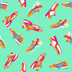 Seamless pattern. Set of colorful bright yellow pink blue orange sneakers. Vector flat illustration. Simple illustration of fitness and sport, gym shoe. Sign shop graphics