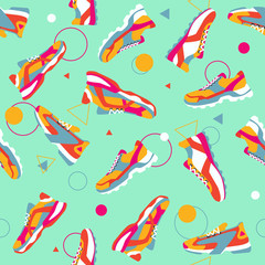 Seamless pattern. Set of colorful bright yellow pink blue orange sneakers, triangles and circles. Vector flat illustration. Simple illustration of fitness and sport, gym shoe. Sign shop graphics