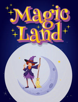 Font design for word magic land with witch flying on magic broom