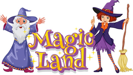 Font design for word magic land with witch and wizard