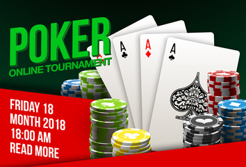 illustration Online Poker casino banner with playing cards on red surface table. Marketing Luxury Banner big win Jackpot Online Casino with red background. Advertising poster playing cards