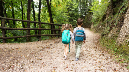 Brave children scouting in camping gear and holding hands walk along a forest gravel road in search of a route to a weekend family camping. Mountain forest hiking road with little tourists.