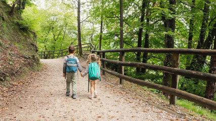 Little tourists boy and girl holding hands go to family camping along a gravel forest road in the Alps mountains. Children with backpacks go on a hiking trail.