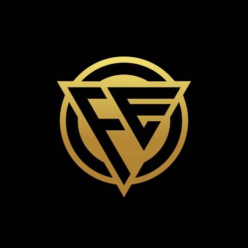 FE logo monogram with triangle shape and circle rounded isolated on gold colors