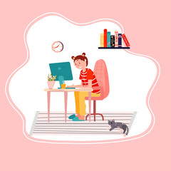 Online education. Distance study at school. Student is sitting at home and learning using computer. E-learning vector flat illustration. Girl is listening webinar with earphones.