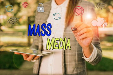 Conceptual hand writing showing Mass Media. Concept meaning Group showing making news to the public...