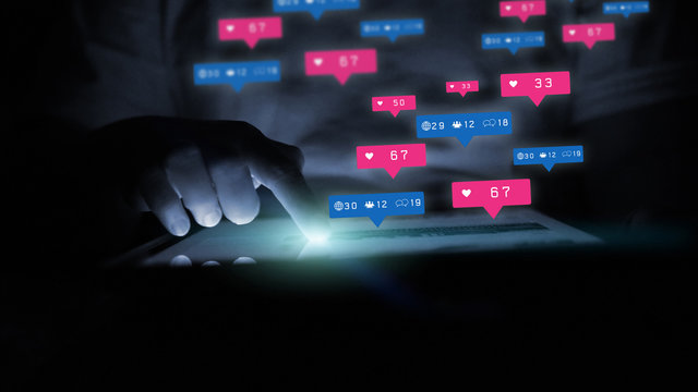 Social media and notification icons on smartphone. Media marketing concept.