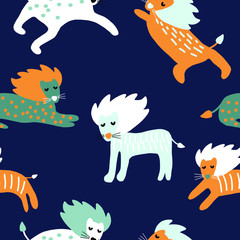 Hand drawn vector cute cartoon seamless pattern illustration colorful lion on the dark blue background for baby textile, cloth, linen texture or home decoration
