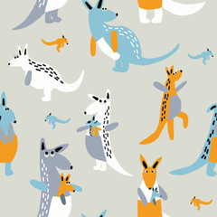 Hand drawn vector cute cartoon colorful seamless pattern illustration happy kangaroo for baby textile, cloth, linen texture, wallpaper or home decoration