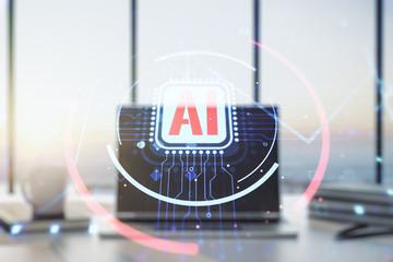 Double exposure of creative artificial Intelligence abbreviation with computer on background....