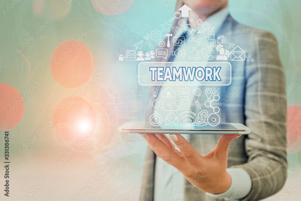 Poster conceptual hand writing showing teamwork. concept meaning combined action of group especially when e