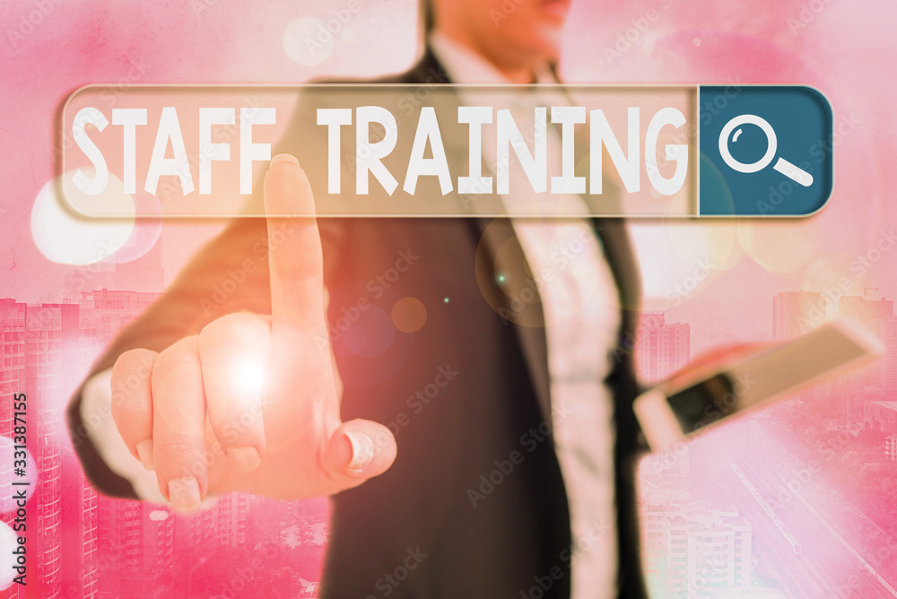 Poster writing note showing staff training. business concept for learn specific knowledge improve performan