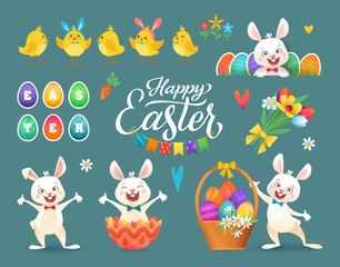 easter; bunny; cute; happy; rabbit; text; adorable; background; cartoon; celebration; character; colorful; copy; decorated; design; eggs; greeting; hare; holding; holiday; illustration; invitation; lo