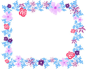 frame with flowers with blue abstract foliage roses and asters