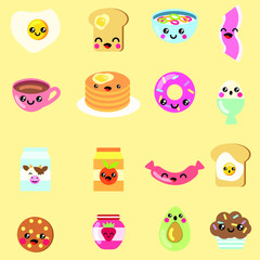 Breakfast food vector illustration set. Kawaii breakfast. Cute food icons. Cute menu design. Toast, eggs, juice/milk, pankaces, bacon, etc. Collection of 16 different pieces.