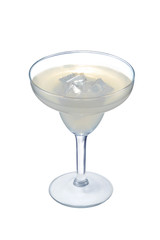 Daiquiri cocktail with ice cubes is contained in a margarita glass. The showy illustrative picture is made on the white background.