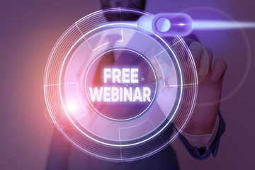 Writing note showing Free Webinar. Business concept for free workshop or seminar that is...