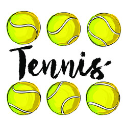 set of tennis ball hand drawn brush strokes, black outline on white background, yellow green balls