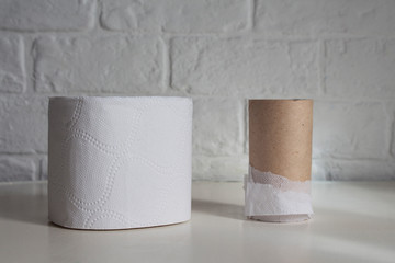Rolls of toilet paper on a white wall background.
