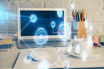 Multi exposure of desktop with personal computer and tech theme drawing. Concept of Bigdata.