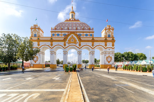 Front view of Entrance arch (Portada) to the April Fair ((Feria de Abril) at morning, Seville Fair (Feria de Sevilla), Andalusia, Spain