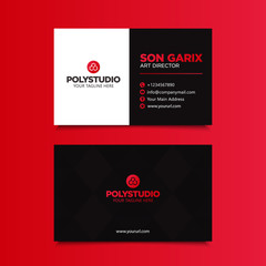 Creative minimalist business card name red black design template with simple modern elegant layout. Corporate identity card vector background for company.