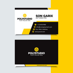 Creative minimalist business card name black yellow design template with simple modern elegant layout. Corporate identity card vector background for company.