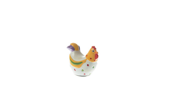 Ceramic colorful chicken for easter decoration, isolated on white