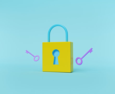 Cartoon Style Lock With Keys Isolated On Blue Background. Minimal Business Concept. 3d Rendering