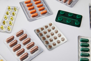High angle view of medicines on white background