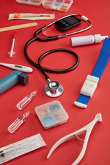 Selective focus of medical objects on red background