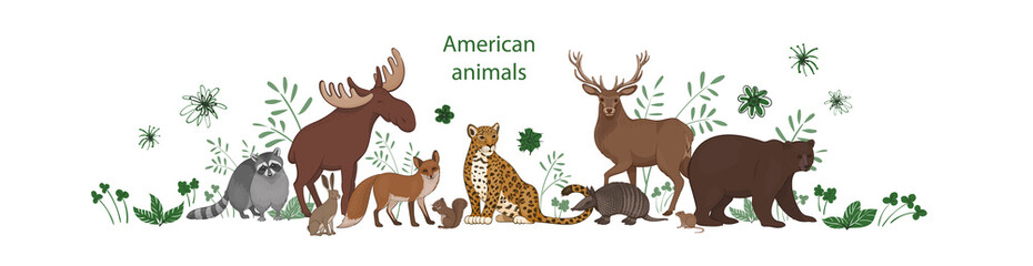 Vector banner, cartoon cute American animals with leaves and flowers. Raccoon, fox, jaguar, squirrel, elk bear armadillo hare deer vole