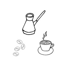 Set of hand drawn cup of coffee and turkish coffee pot. Doodle vector illustration