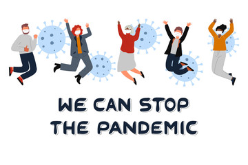 Whole world battles Coronavirus outbreak. Human pandemic. Coronavirus 2019-nC0V Outbreak. Web banner with people in masks and text We can stop the pandemic