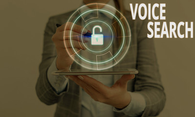 Writing note showing Voice Search. Business concept for allows the user to use a voice command to search the Internet