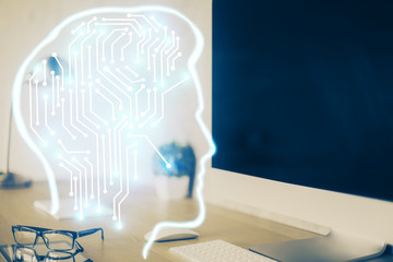 Double exposure of work space with computer and human brain drawing hologram. Brainstorm concept.