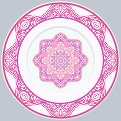 decorative plates for interior design. Empty dish, porcelain plate mock up design. Vector illustration. Decorative plates with Mandala ornament patterns. Home decor background