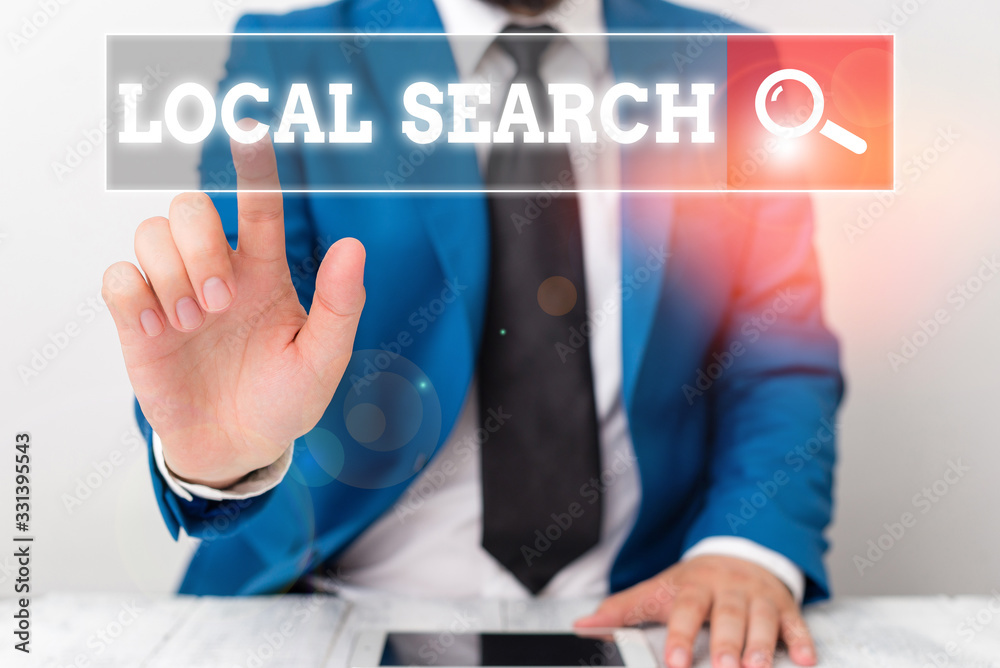 Poster handwriting text writing local search. conceptual photo searches of a structured database of local b