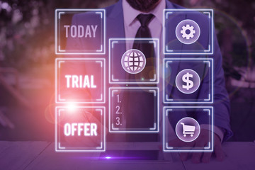 Word writing text Trial Offer. Business photo showcasing A temporary free or discounted offer of a...