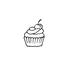 Hand drawn cupcake with cherry. Doodle vector illustration. 