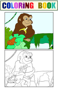 Children coloring book with an example of color. Monkey with a banana.