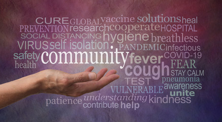 Stay Calm in the Community Covid-19 Pandemic Word Cloud - female open palm with COMMUNITY floating...