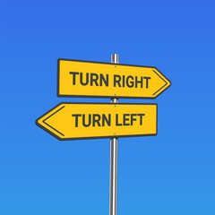 Yellow road signs with 'turn left/turn right' text on a pole, vector illustration