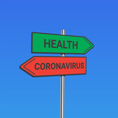 Green and red road signs with 'health/coronavirus' text, vector illustration