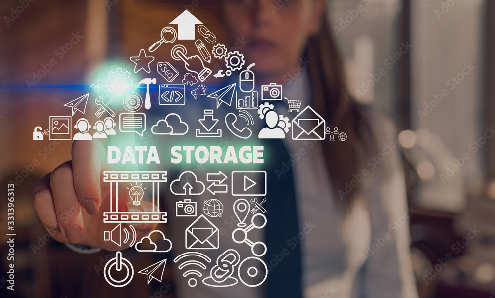 Poster handwriting text data storage. conceptual photo the act of archiving data in electromagnetic or othe