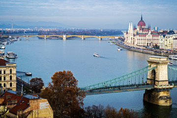 Fototapeta na wymiar View over the Danube, the Parliament, bridges and the Margaret island.. Budapest, Hungary