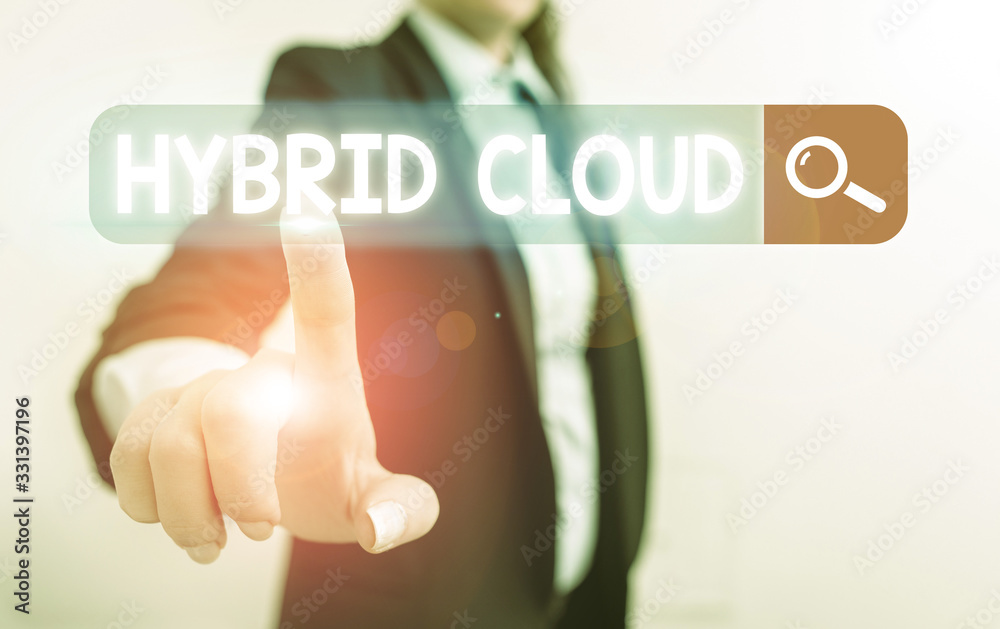 Poster handwriting text hybrid cloud. conceptual photo computing environment that combines public and a pri