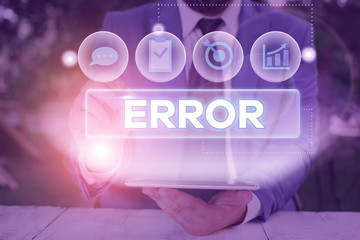 Word writing text Error. Business photo showcasing state or condition of being wrong in conduct...