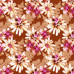 Tropical plants seamless pattern, colored flowers.