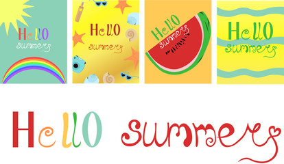 Set of summer cards, flyers. Hello summer. Lettering, calligraphy. Fruit, sea and relaxation. Blue and yellow design.